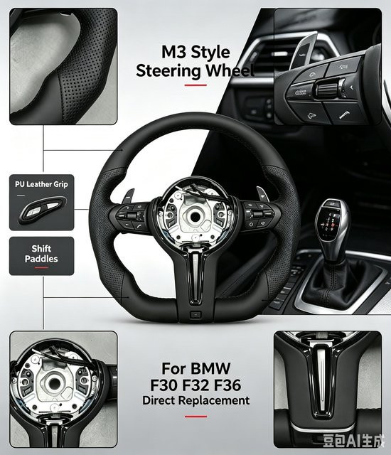 M Sport Lenkrad im M3 Look mit Schaltwippen für BMW F30 F32 F36 3er und 4er Serie, Schwarz, ohne Airbag - Bild 1