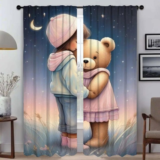 Kinderillustrationen Vorhänge mit Tiermotiven für das Wohnzimmer, 2 Paneele, halbtransparent, Mehrfarbig, Breite: 60 cm, Höhe: 90 cm - Bild 1