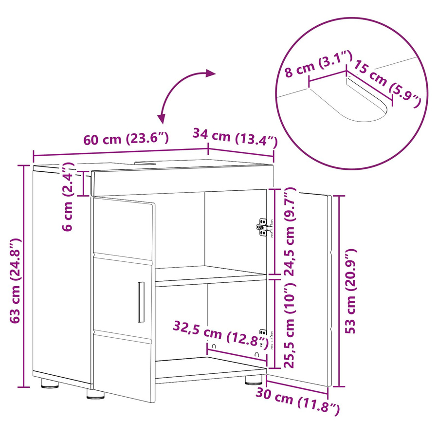 vidaXL Badezimmer Waschbecken Schrank TULUM Schwarz Matt, Modernes Design, B/T/H: 60 x 34 x 63 cm - Bild 3