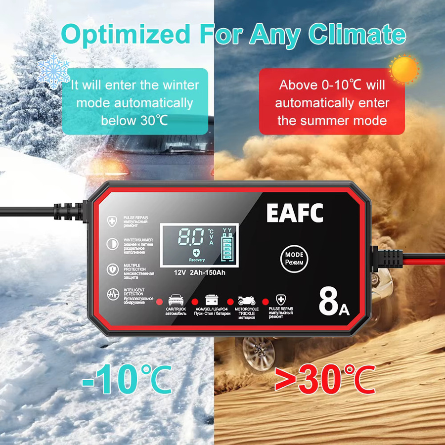 EAFC 8A 12V Smart Car Battery Charger mit Pulse Repair für Blei-Säure- und LiFePO4-Batterien, Schwarz - Bild 4