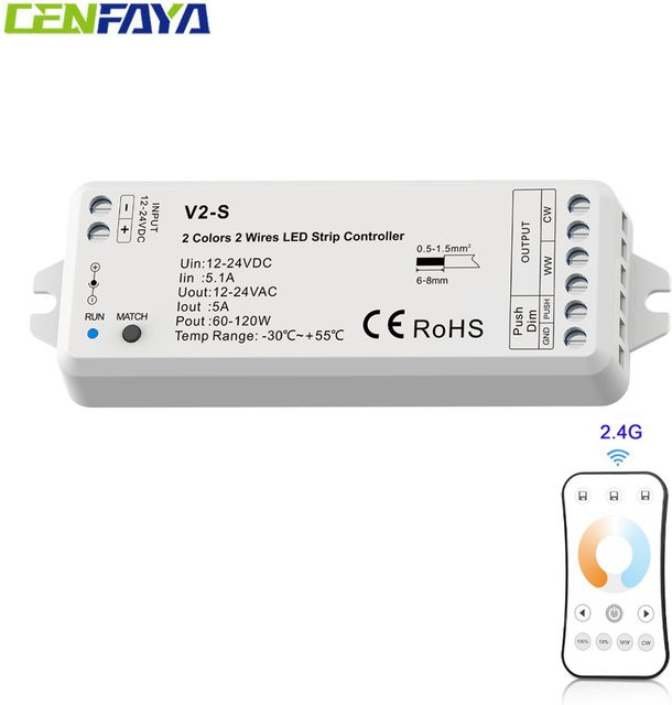CENFAYA CCT-Controller für 2-Draht WW+CW LED-Streifen mit RF 2.4G Fernbedienung und Push-Dimmung für DC 12V 24V - Bild 1