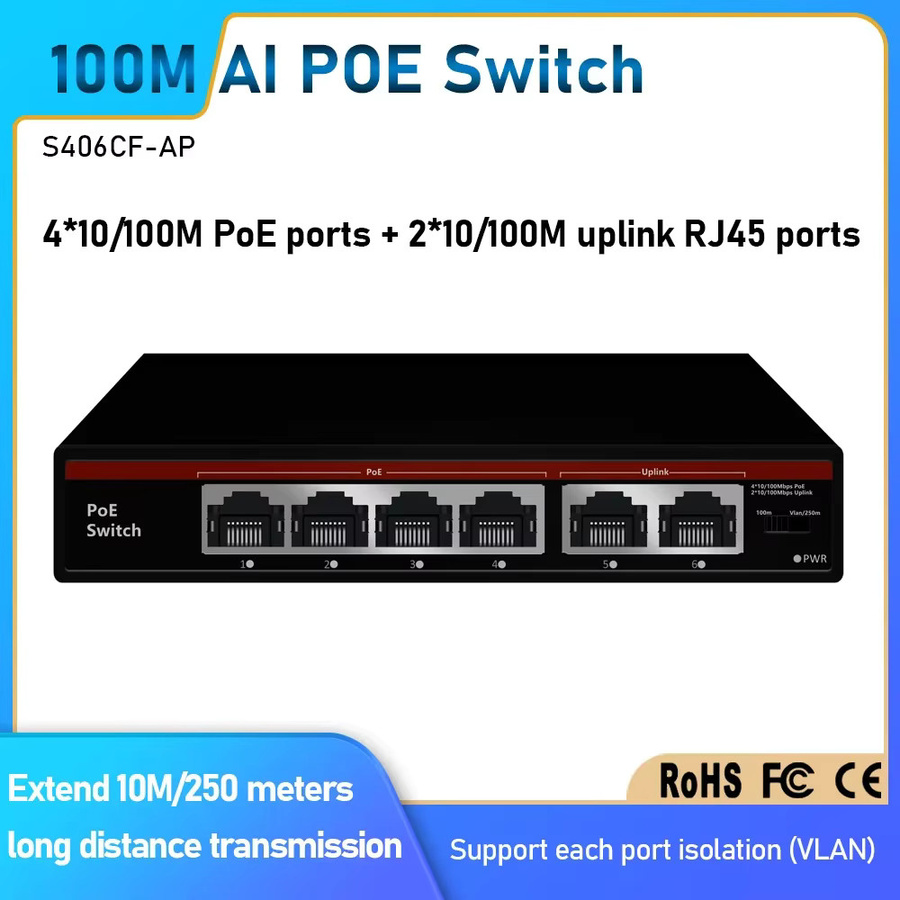 EWIND AI Smart Ethernet PoE-Switch mit 6 Ports und 2 Uplink-RJ45-Ports, 10/100 Mbit/s, Schwarz - Bild 2