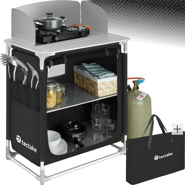tectake Campingküche Premium Schwarz mit Aluminiumgestell und 2 Fächern, faltbar, B/T/H: 76 x 53,5 x 107 cm - Bild 1