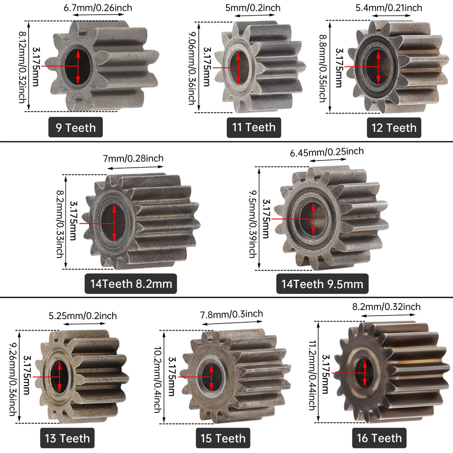 Austauschbares Metallgetriebe für RS550 DC Elektromotoren in Silber mit 9, 11, 12, 14, 15 oder 16 Zähnen - Bild 2