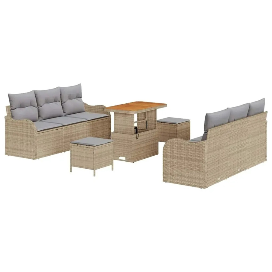 vidaXL 9-teiliges Gartensofa-Set in Beige aus Polyrattan und Akazienholz mit Kissen und Wetterschutzabdeckung - Bild 2