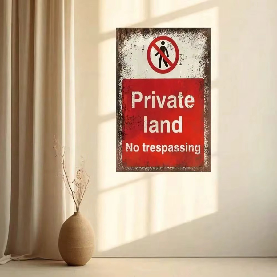 Private Land Brand Vintage No Trespassing Metall-Wandschild im Distressed-Look mit roter Schrift - Bild 3