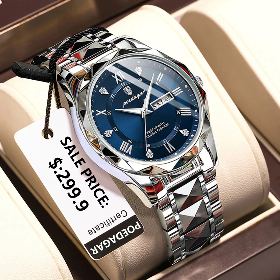 POEDAGAR Armbanduhr Quarz, Edelstahl, Blau, Herren - Bild 2
