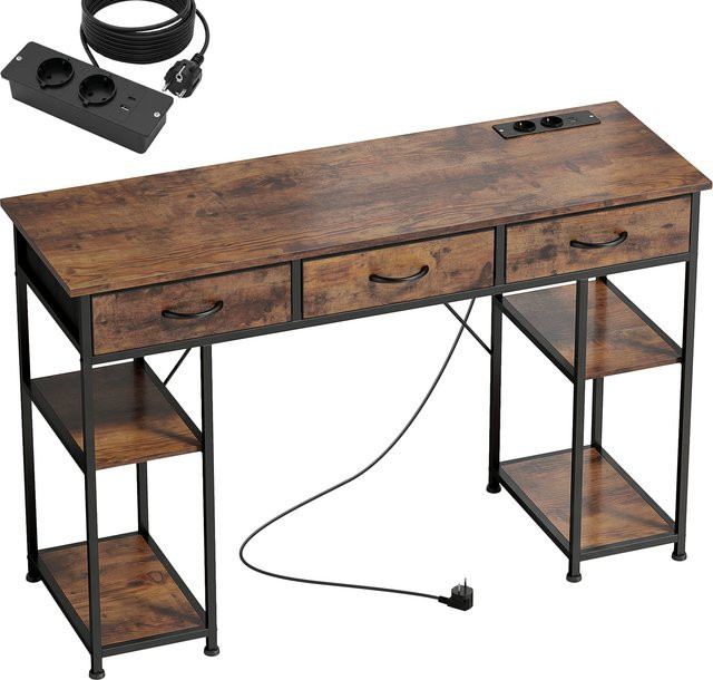 HOMCOM Computertisch in Braun mit 2 USB-Ladeanschlüssen, 2 Steckdosen, verstellbaren Regalen und 3 Stoffschubladen, Breite: 120 cm, Tiefe: 40 cm - Bild 1