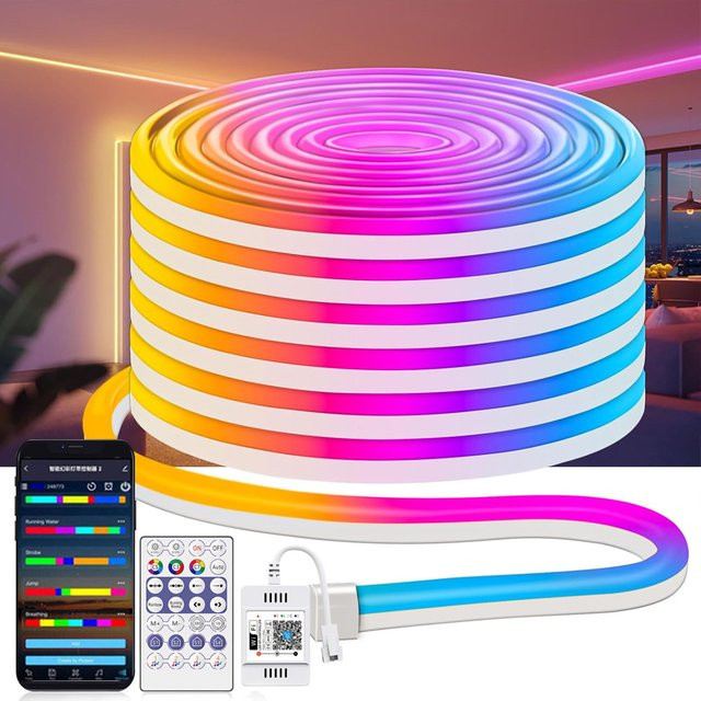 CENFAYA WiFi Neon RGBIC LED Streifen, 5 m, Wasserdicht, 24 V, Adressierbare IC Multicolor LED Flex mit Fernbedienung, kompatibel mit Alexa und Google Assistant - Bild 1