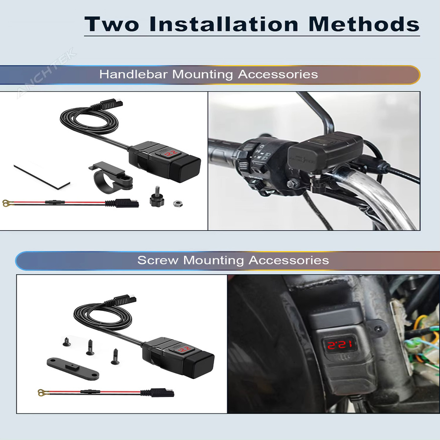 Anchtek Motorrad USB Ladegerät QC3.0 mit Voltmeter und USB-C Anschluss, Wasserdichte 12V Steckdose Adapter in Schwarz - Bild 5