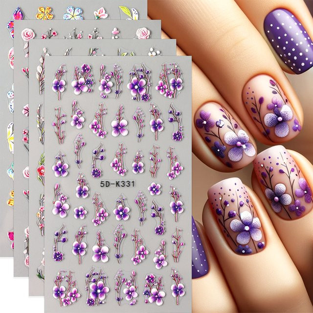Full Beauty Nail Art Aufkleber, lila Blumen, 5D geprägt - Bild 1