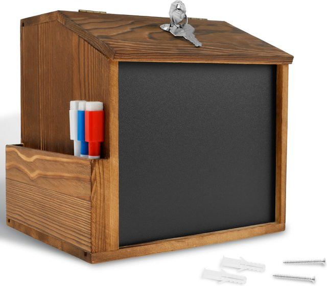 Holzsuggestion Spendenkasten aus Holz in Braun mit Kreidetafel und Schloss zur Wandmontage - Bild 1
