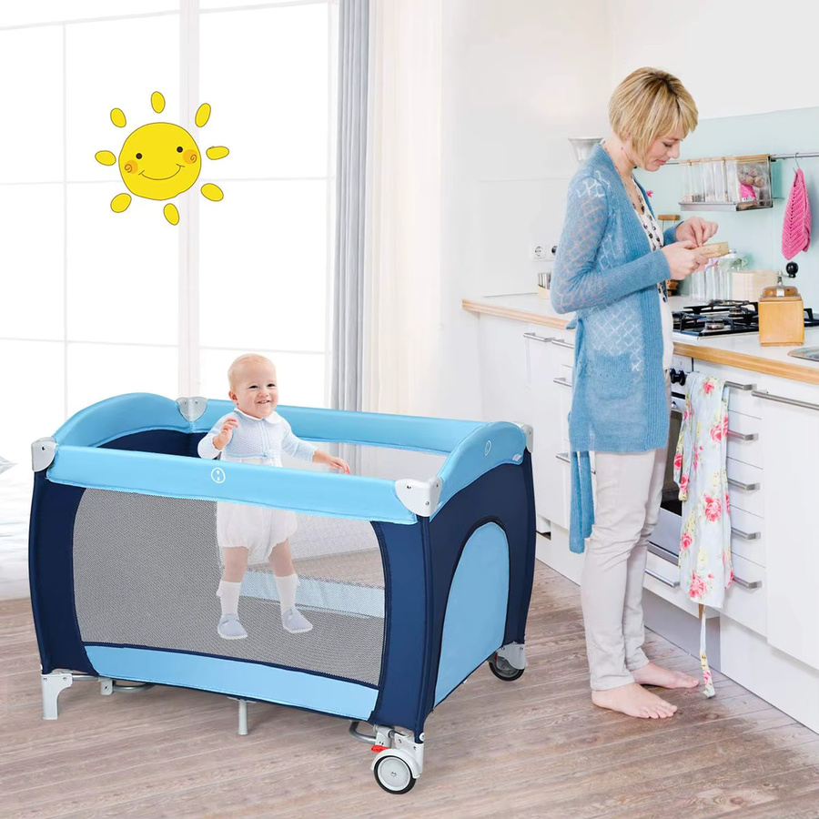 GOFLAME 4-in-1 Reisebett mit Schaukelfunktion, Babywiege, Wickeltisch und Laufstall inklusive Musikbox und Spielbogen in Blau - Bild 3