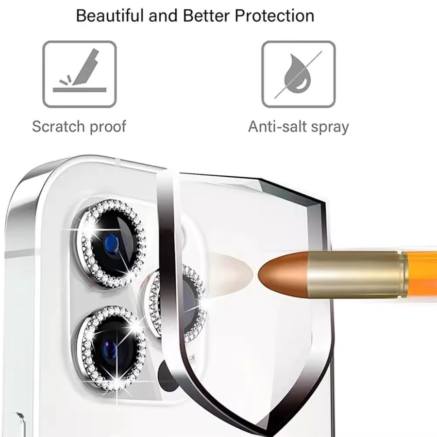 Bling Kameraobjektivschutzhülle mit Glitter und Diamanten für iPhone 17 16 15 14 13 12 11 Pro Max Plus inklusive Displayschutzfolie in Silber und Lila - Bild 3
