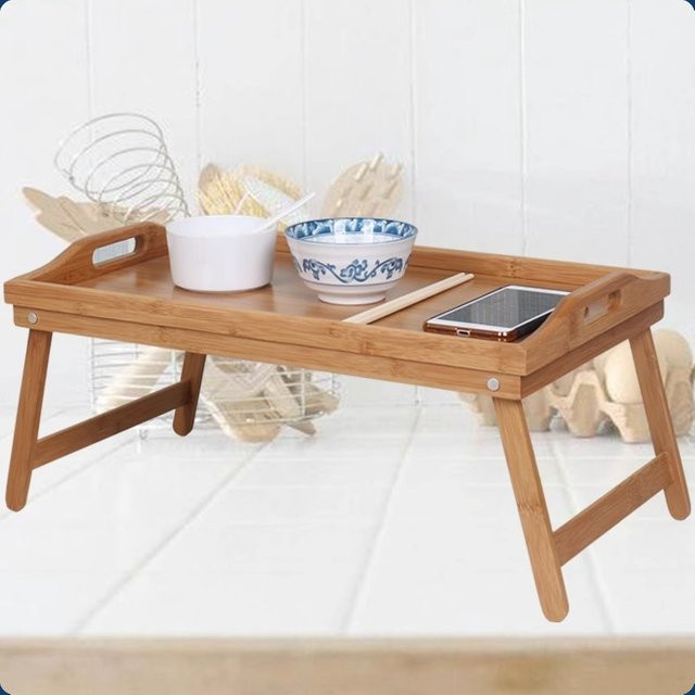 LIUSHADUOLA Klappbarer Betttablett-Tisch aus Holz, verstellbarer Laptopständer im Tatami-Stil, Frühstückstablett in Gelb und Braun - Bild 1