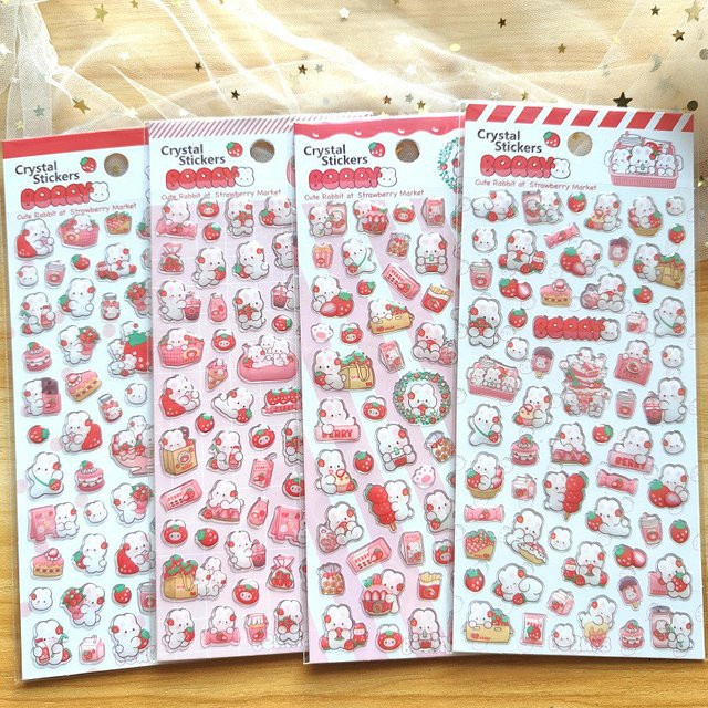 4 Stück Erdbeer-Kaninchen dekorative Aufkleber in Rosa von Anime Worlds Store aus glänzendem Epoxidharz - Bild 1