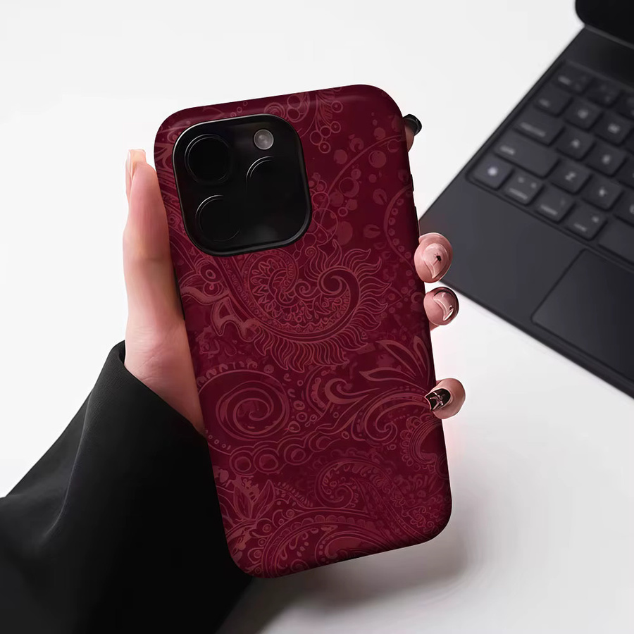 Aurbe 2-in-1 MagSafe Hülle mit mattem Schutzfilm für iPhone 17 16 15 14 Plus Pro Max, Stoßfeste Hartschale, Burgunder Paisley Design - Bild 6