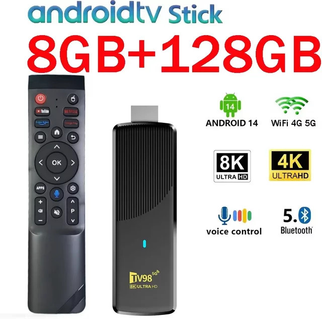 CLIBABIQBOX TV98 ATV X9 TV-Stick mit 8GB RAM und 128GB Speicher, Android 14.0, Allwinner H313 Quad-Core, WLAN, 4G, 5G, BT5.0, Sprachassistent, HD 4K 8K IPTV, Schwarz - Bild 1