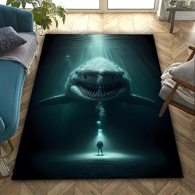 Karpetti 3D Hai-Thema Teppich mit nautischem Horror-Design, waschbar und strapazierfähig, B/B: 80 x 120 cm, Mehrfarbig - Bild 1