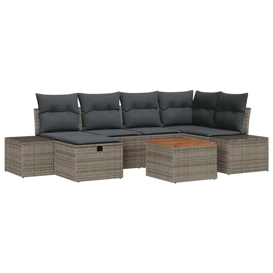 vidaXL Garten-Sofa-Set aus Polyrattan in Grau, 7-teiliges L-Shape Lounge-Set mit Kissen, Ottoman und Couchtisch inklusive integriertem Kissen-Stauraum - Bild 2