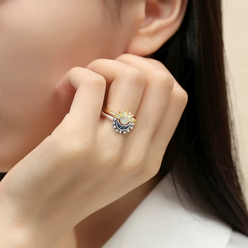 NBSAMENG Ring 925 Silber, Sonne Mond Stern, Zirkonia, Goldfarben, Damen - Bild 2