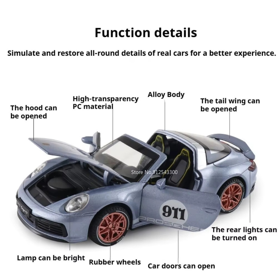 RMZ city 911 Targa 4S Taycan Automodell, 1:32 Maßstab, mit Sound und Licht, mit öffnenden Türen, Rückziehfunktion, Gummireifen - Bild 2