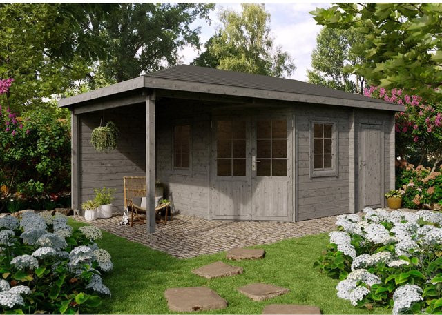 Fjordholz Gartenhaus Evelyn 3E 5-Eck Log Cabin aus Holz in Grau, imprägniert - Bild 1