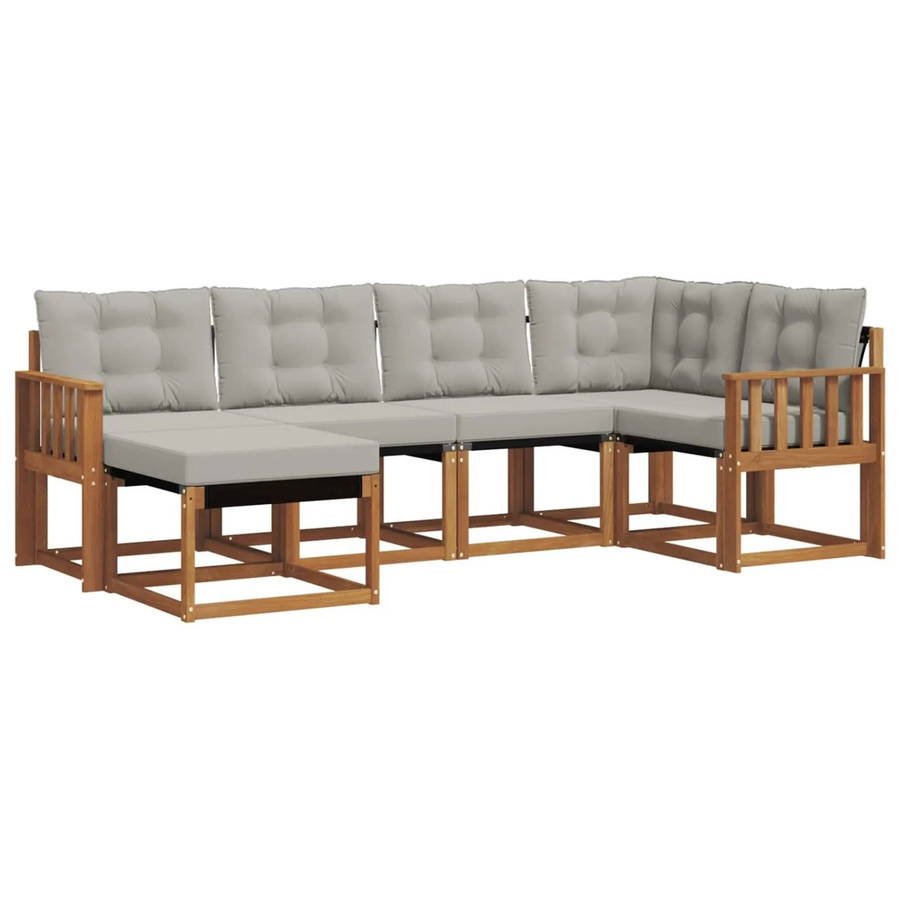 vidaXL Outdoor-Sofagarnitur 6-teilig L-Form aus Akazienholz und Textilene in Natur und Hellgrau mit UV-beständigen Kissen - Bild 2