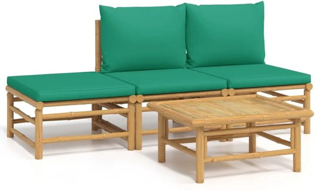 vidaXL 4-tlg Garten-Lounge-Set aus Bambus mit grünen Polsterkissen in L-Form - Bild 1