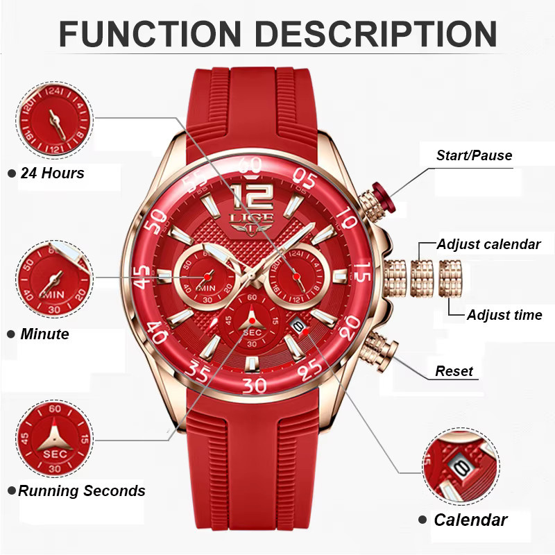 LIGE Chronograph, Quarz, Silikon, Rot, Herren - Bild 3