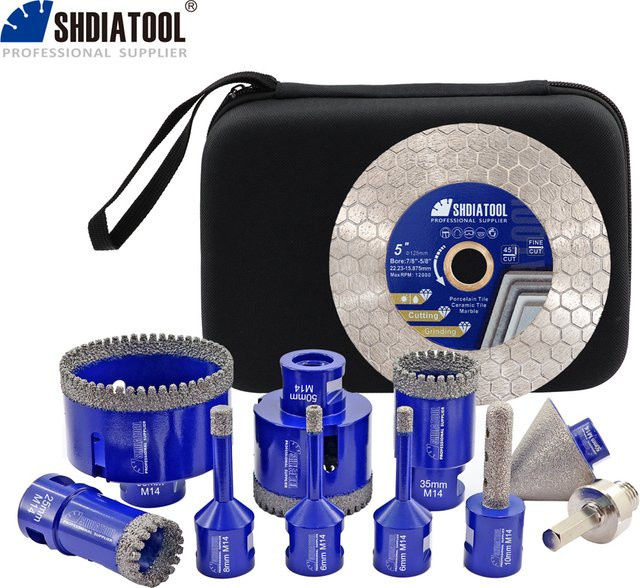 SHDIATOOL 11-teiliges Diamant-Kernbohrer-Set in Blau mit Lochsägen Ø 6-68 mm, Fasenfräser 50 mm, Fingerfräser 10 mm sowie Schneid- und Schleifscheiben für Fliesen - Bild 1