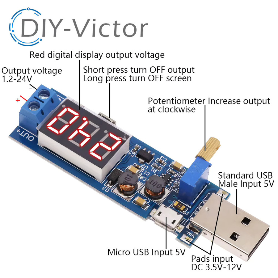 Einstellbares DC-DC Step Up/Down Netzteil Modul mit LCD Voltmeter und USB-A/USB-C Anschlüssen, Blau, Ausgang 1,2V-24V - Bild 2