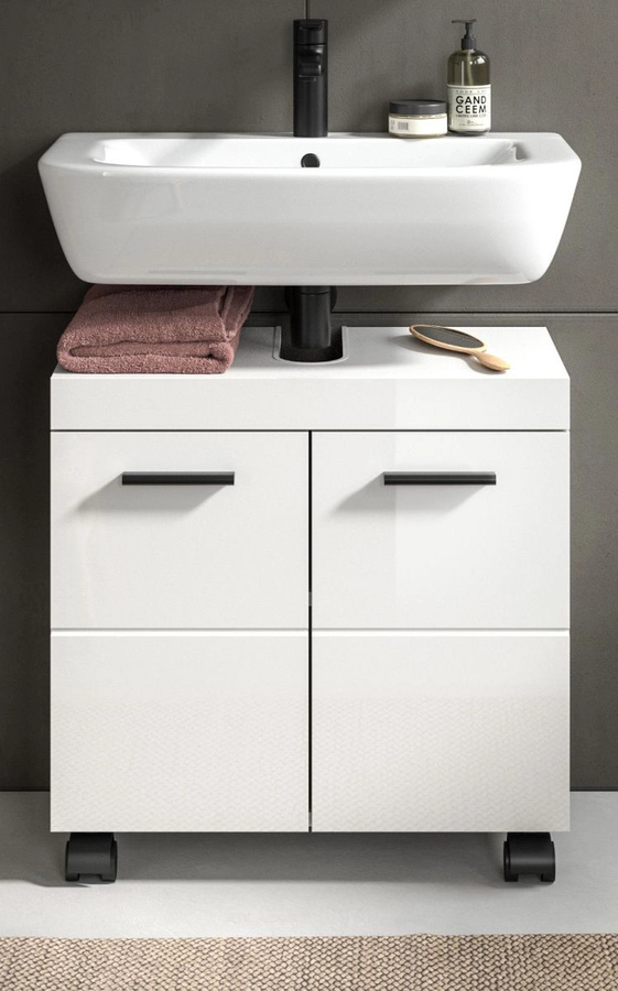 Waschbeckenunterschrank Talerno in Weiß Hochglanz mit Regalfächern, Breite: 60 cm, Höhe: 58 cm, Tiefe: 30 cm - Bild 2