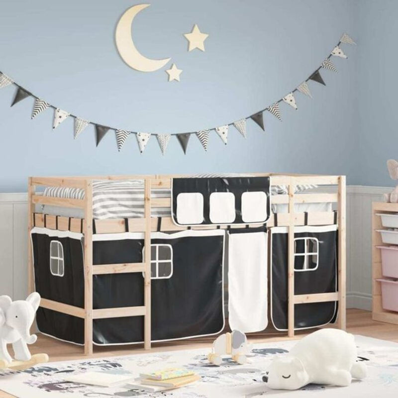 Vidaxl Kinderhochbett aus Kiefernholz mit Vorhängen in Weiß und Schwarz, B/T/H: 90 x 200 cm - Bild 1