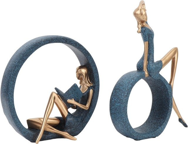 2er-Set mfySpace Moderne Kunstskulpturen Yoga-Mädchen beim Buchlesen, Abstrakte Harzfiguren in Grau und Blau für dein Bücherregal - Bild 1