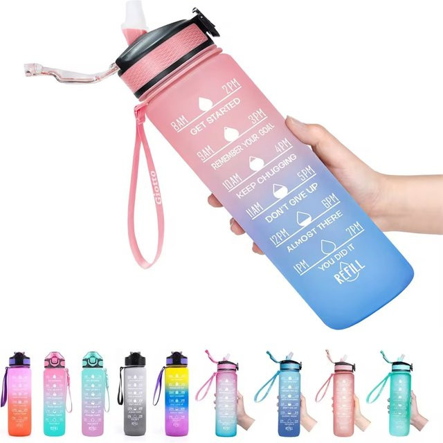 FEB.WIND Motivierende Sportwasserflasche mit Strohhalm und Zeitmarkierungen, auslaufsicher, pink, 946 ml (32 Unzen) - Bild 1