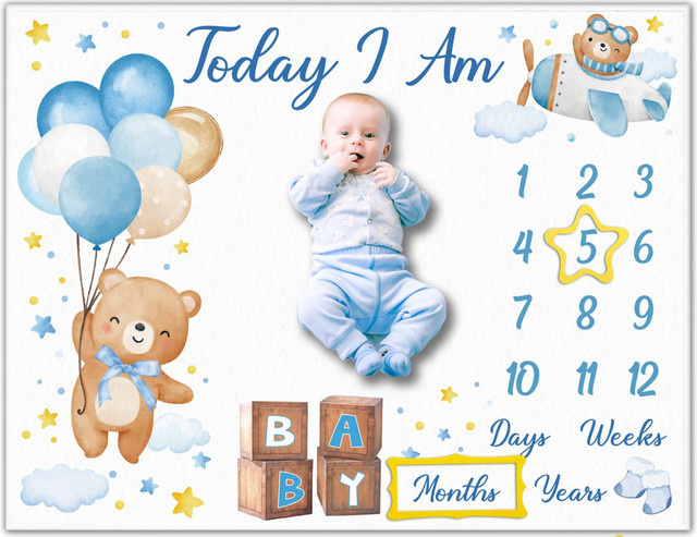VIKAMA Niedliche Bären-Meilenstein-Decke in Weiß als Baby-Monatswachstums-Fotomatte für Neugeborenen-Fotografie und Kinderzimmer-Dekoration - Bild 1