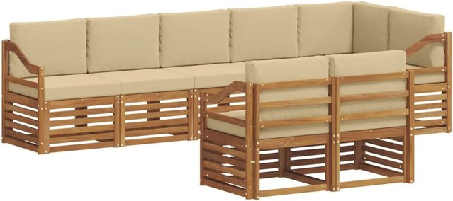 vidaXL Sofagarnitur 8-teilig aus Massivholz Akazie in Natur und Beige mit L-Form und Polsterung - Bild 1