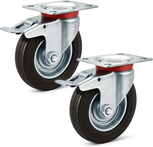 Wiltec Doppelstopp-Lenkrollen Set mit 2 schwarzen Vollgummirädern, Durchmesser: 100 mm, Tragkraft pro Rolle: 70 kg - Bild 1