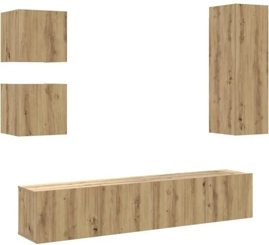 Vidaxl 5-tlg. TV-Schrank-Set zur Wandmontage aus Holzwerkstoff in Eiche Natur und Beige im klassischen und minimalistischen Design - Bild 1