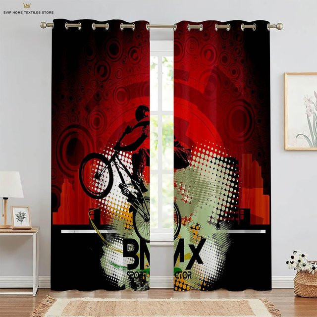 Yiran Furniture Motorradrennen Vorhänge aus Polyester mit 3D-Druck, 2er-Set, Rot, Breite: 50 cm, Höhe: 130 cm - Bild 1