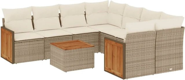 vidaXL 9-tlg. Garten-Sofagarnitur L-Form aus Poly-Rattan und Akazienholz in Beige mit Kissen - Bild 1