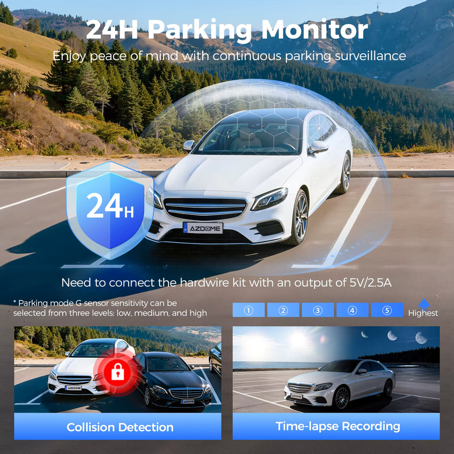 AZDOME M500 4K Dashcam 3-Kanal Auto-DVR mit Nachtsicht, G-Sensor, 24H Parküberwachung und Sprachsteuerung, Schwarz - Bild 6