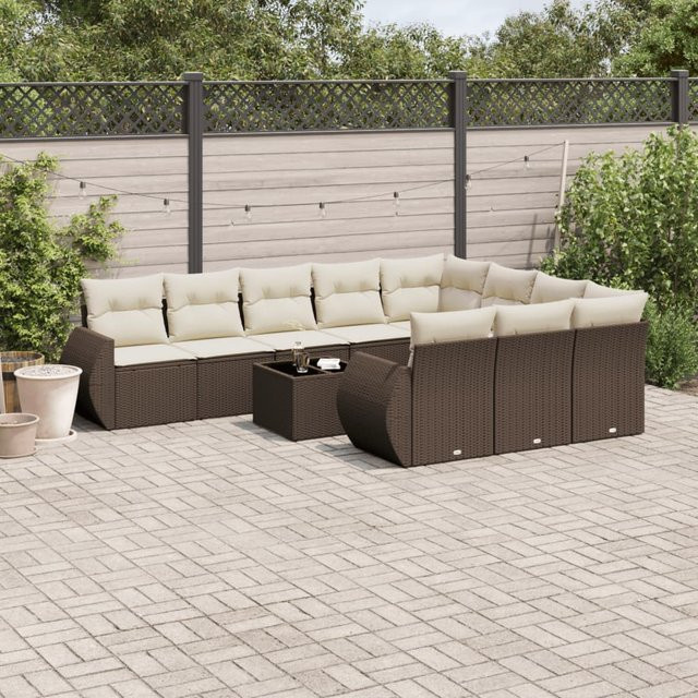 vidaXL 11-tlg. Garten-Sofagarnitur in U-Form aus braunem Polyrattan mit Kissen und Armlehnen - Bild 3