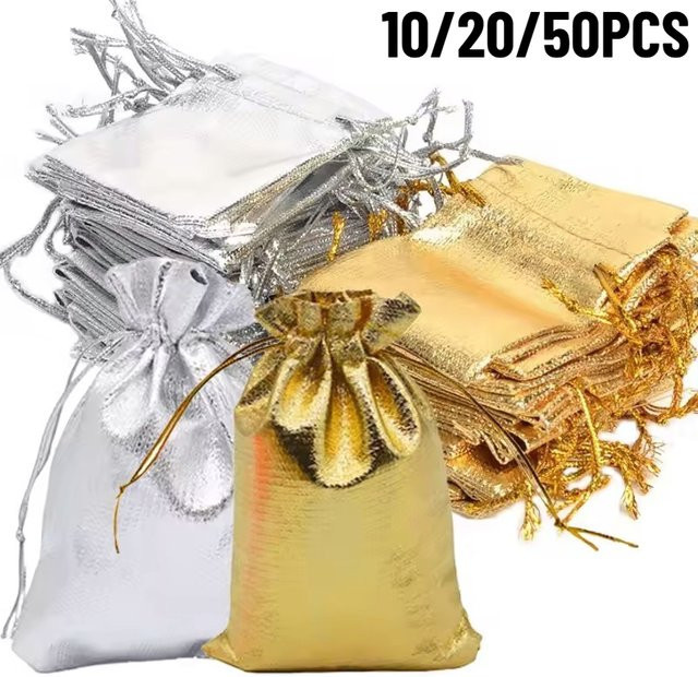 Einstellbare Kordelzug-Geschenktaschen aus Papier in Gold und Silber für Schmuck, Süßigkeiten und Party-Gastgeschenke - Bild 1