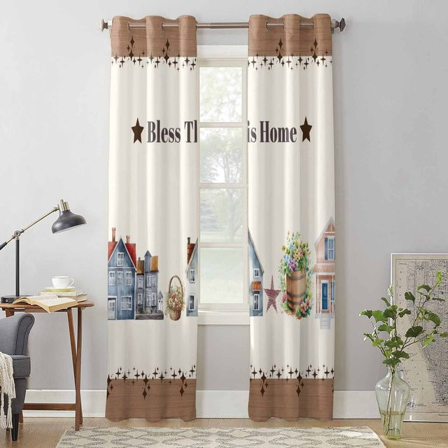 Binchi Outdoor Equipment Vorhang mit Aquarell-Haus- und Sternen-Motiv in Weiß, halbtransparent, B: 135 cm, H: 60 cm - Bild 1
