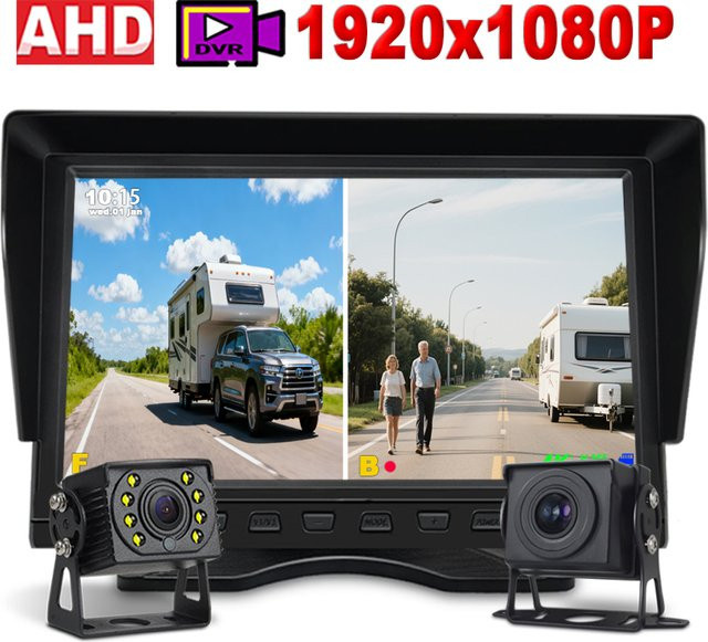 QXNY 10,1 Zoll 2CH AHD DVR Monitor Full HD 1080P mit Aufnahmefunktion für LKW, Bus und Wohnmobile, Dual Backup Rückfahrkamera System, Schwarz, 12/24V - Bild 1