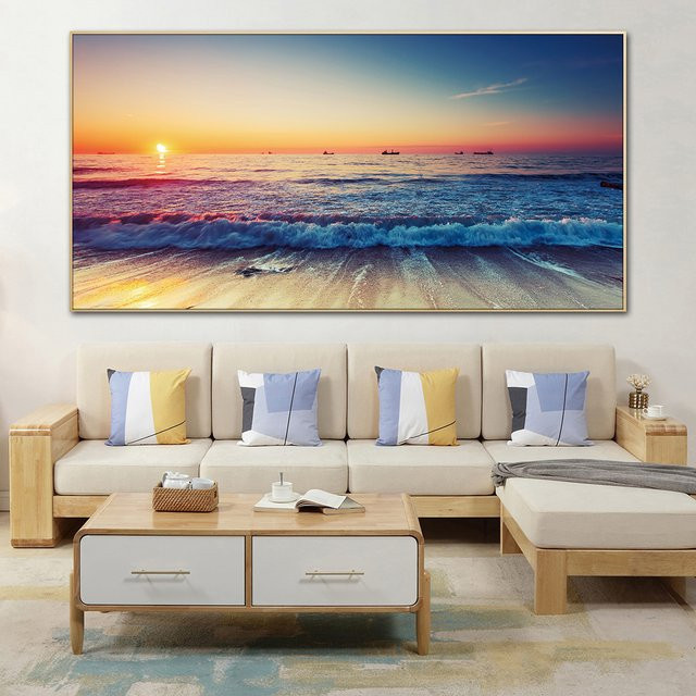 HOVIMAISI Meereslandschaft Wandkunst Leinwandbild mit Strand und Ozean in Blau - Bild 1