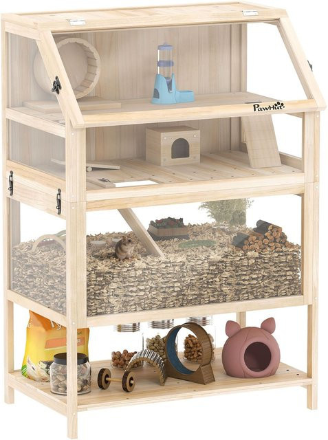 PawHut Hamsterkäfig aus Tannenholz in Braun mit 3 Etagen, Acrylfenstern, Laufrad und Wippe, B/T/H: 80 x 53 x 117 cm - Bild 1