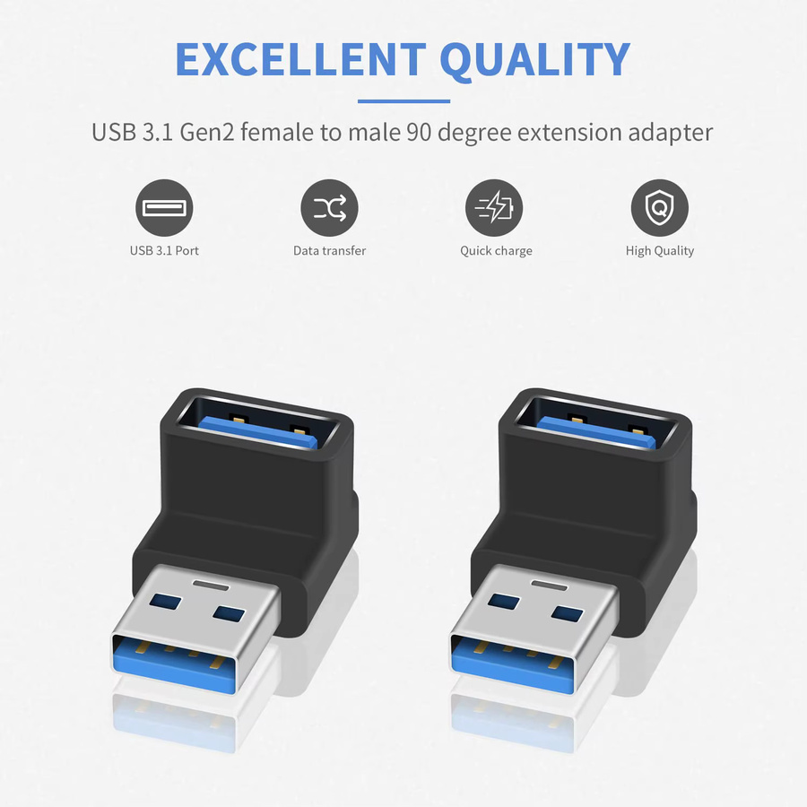 NNBILI USB A auf USB A Konverter Adapter in Schwarz, L-förmiger Ellenbogen für 10 Gbit/s Schnellladen und Datenübertragung - Bild 2